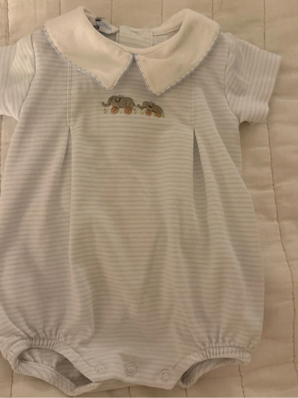 Baby Boys White & Light Blue Striped Footie One-Piece with Elephant Motif